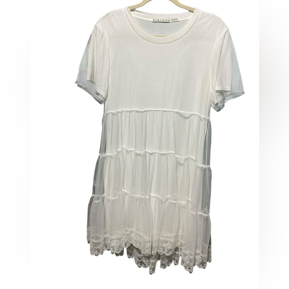 Alice & Olivia Off White Babydoll Dreema Tulle Tee Lace Tiered Mini Dress size L - Picture 1 of 15